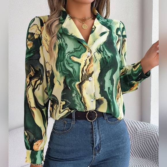 Marbleized Charm Button Up Blouse - Green - Picture 1 of 4